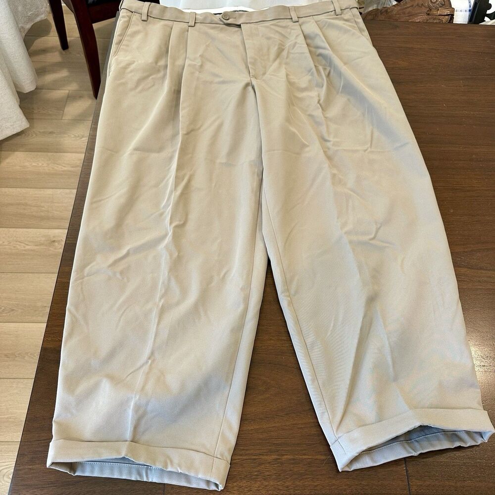 George Men Dress Pants Khaki 44X30 Expandable Waist Cuff Pleated Wicking Perform